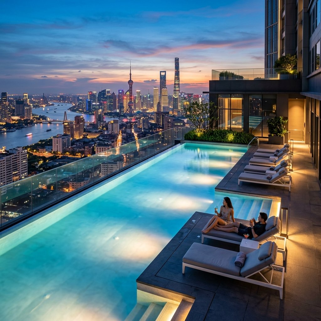 Rooftop infinity pool at twilight