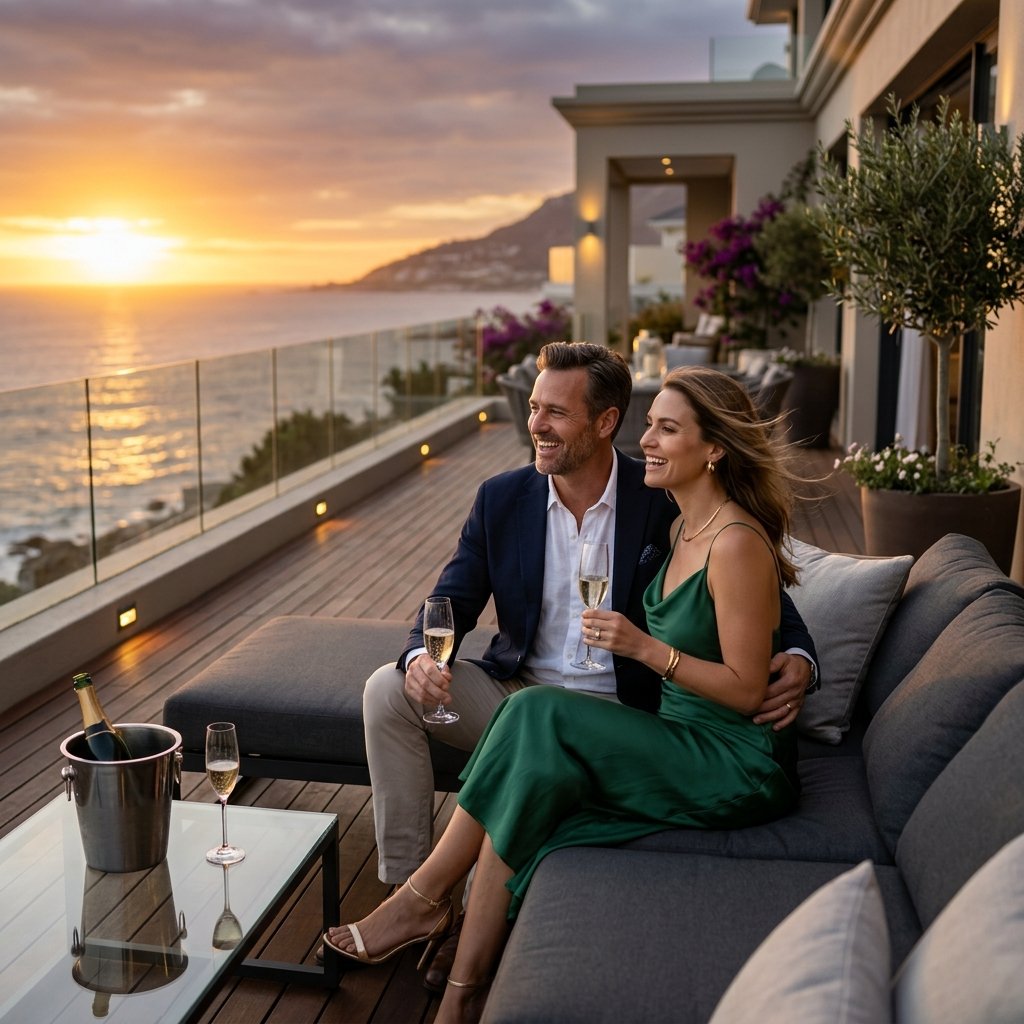 Luxury lifestyle - couple enjoying sunset on premium terrace